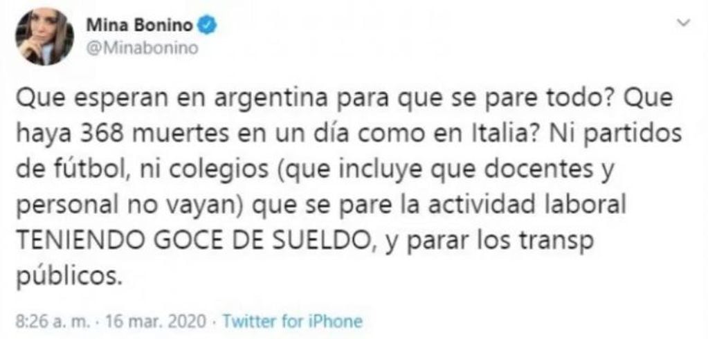 Mina Bonino pidió que se frenen las actividades en Argentina y la tildaron de "mantenida"