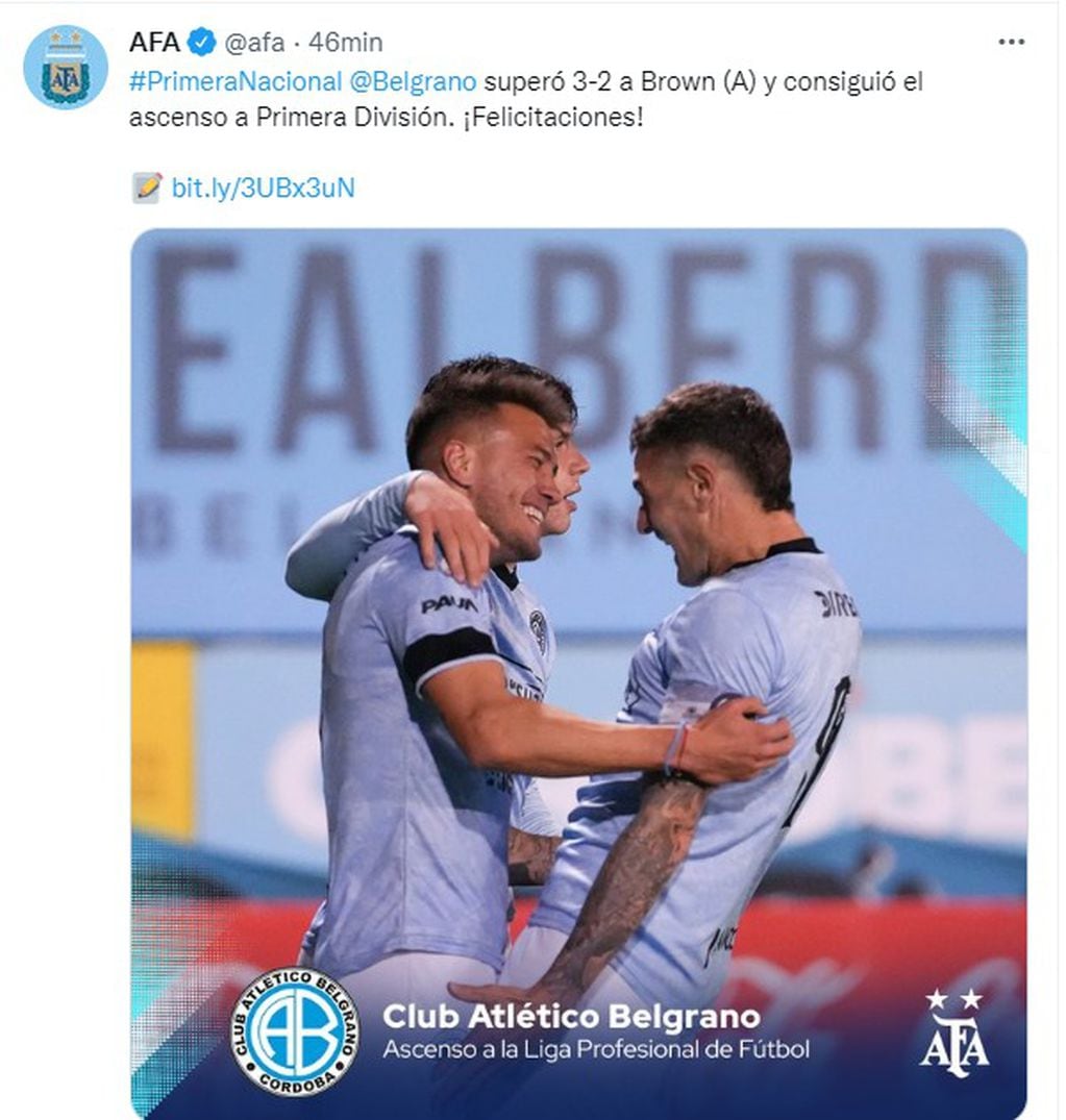 La felicitación de la AFA y de Liga Profesional, con la bienvenida a Belgrano.