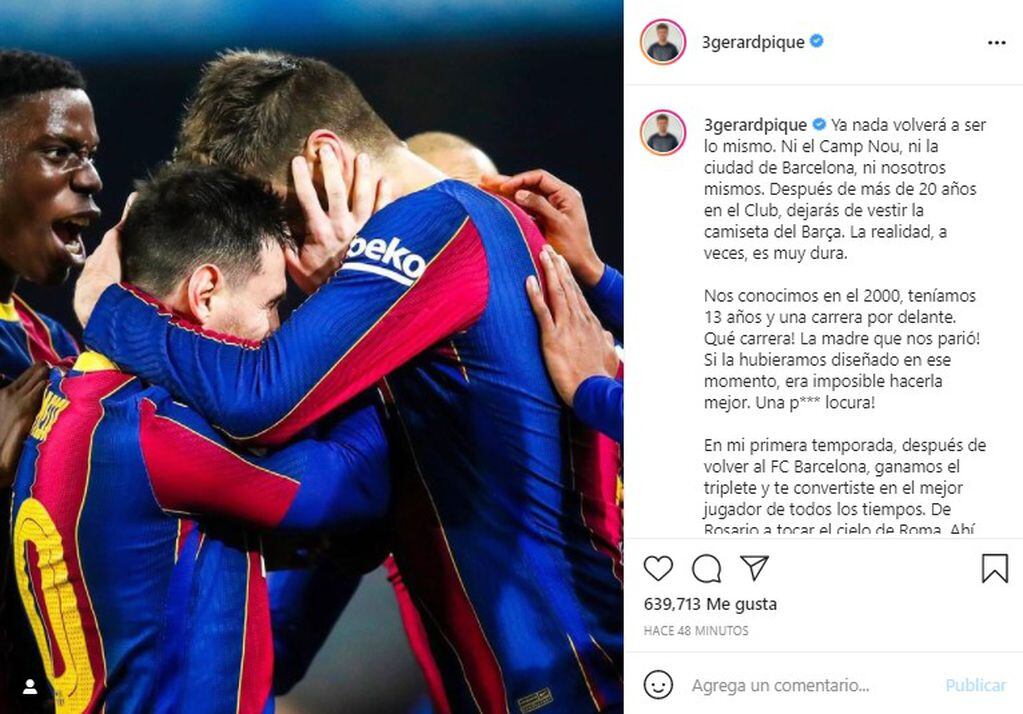 Gerard Piqué despidió a Messi en Instagram.