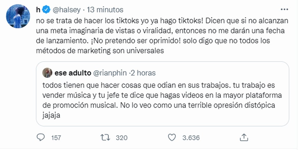 Halsey dio más detalles en Twitter sobre la polémica con los videos de TikTok.