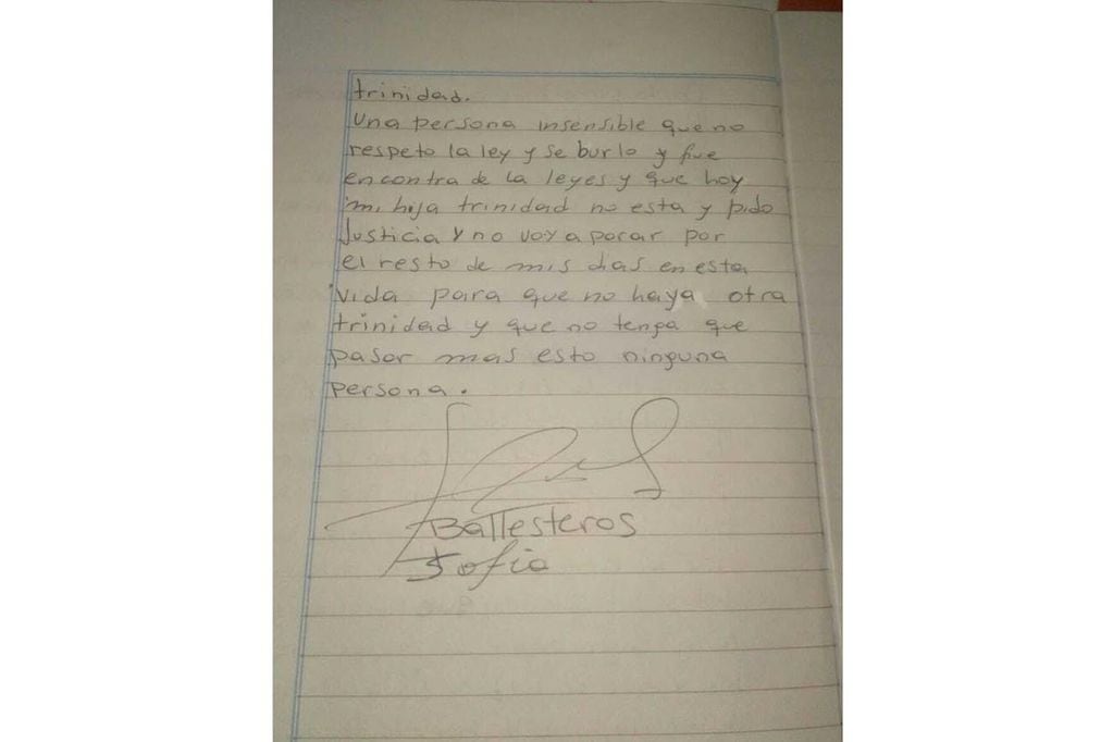La carta que escribió para su hija Trinidad su mamá, Sofía.  (Gentileza de la familia)