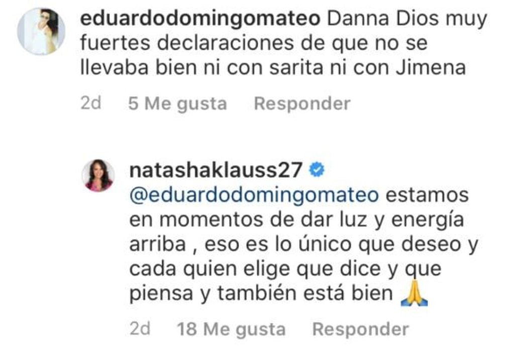 "Estamos en momentos de dar luz y energía", escribió Natasha Klauss, la actriz que interpretó a "Sarita Elizondo".