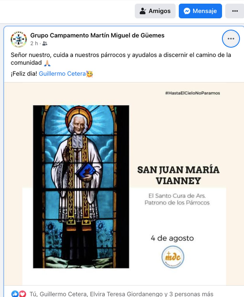 Capilla San Juan María Vianney, en Pérez, celebra a su Santo (Facebook Grupo Campamento Martín Miguel de Güemes)