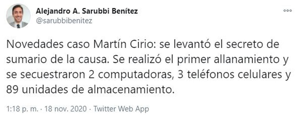 El tweet del abogado Alejandro Sarubbi sobre el caso contra Martín Cirio.