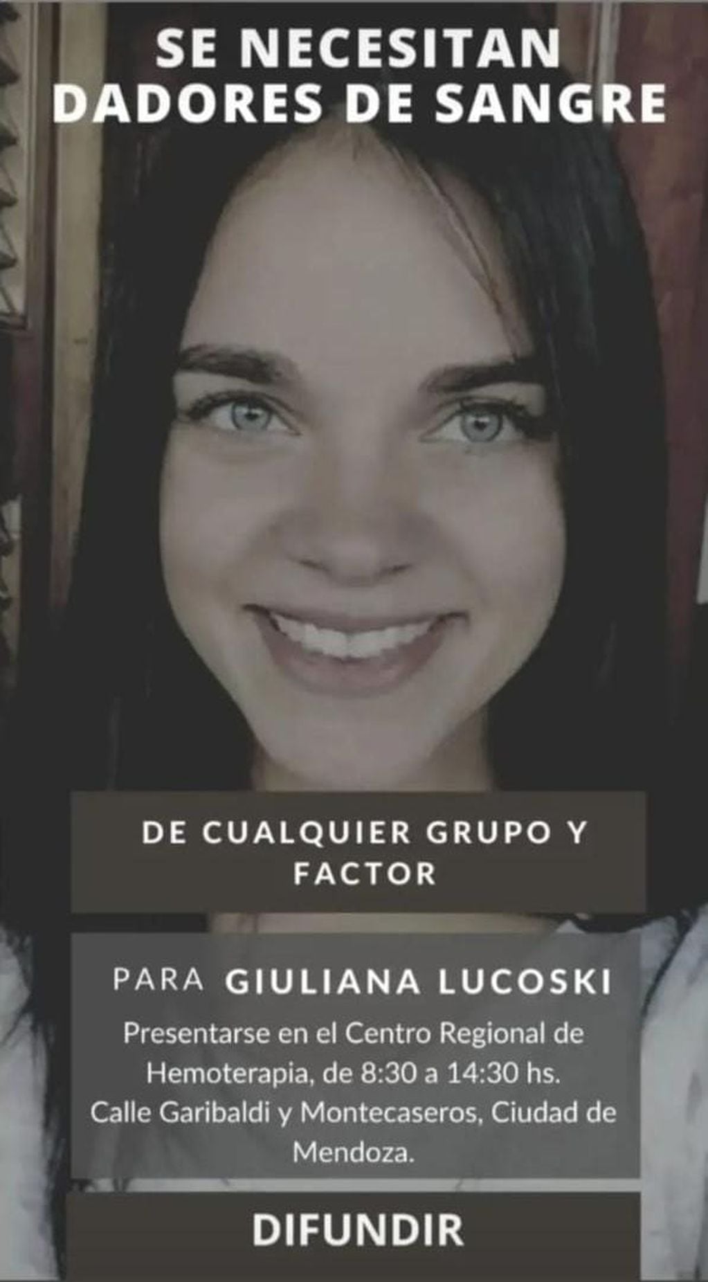 Piden dadores de sangre para la ex reina nacional de la Vendimia 2016, Giuliana Lucoski.