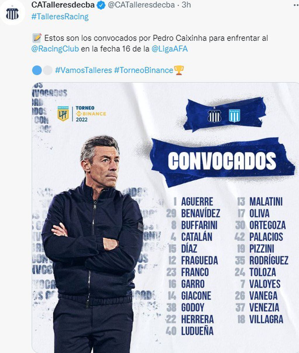 La lista de Talleres, sin los lesionados Rafael Pérez y Michael Santos.