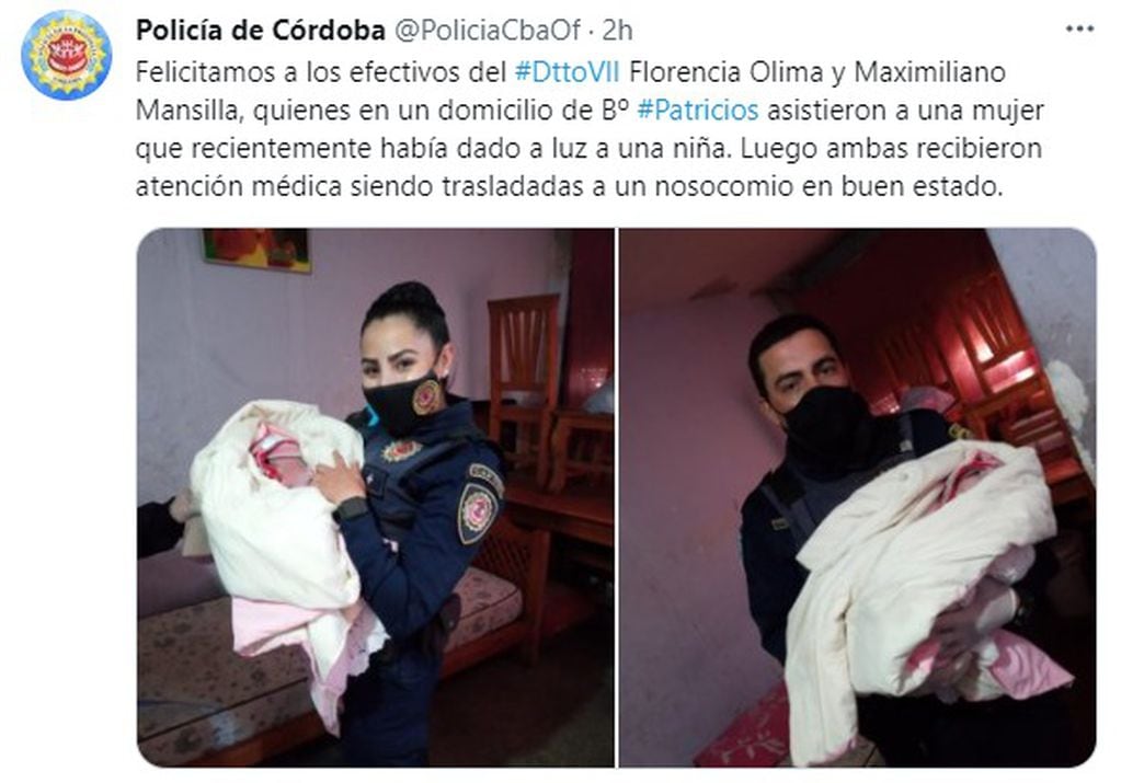 Desde la Policía de Córdoba felicitaron a los efectivos que asistieron a una mujer que dio a luz en su domicilio de barrio Patricios.