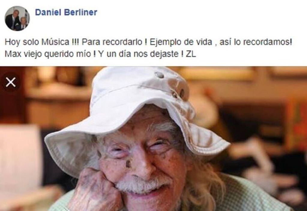 La publicación de Daniel Berliner mediante la cual dio a conocer la muerte de Max, su padre y reconocido actor del cine argentino. Facebook/Daniel Berliner