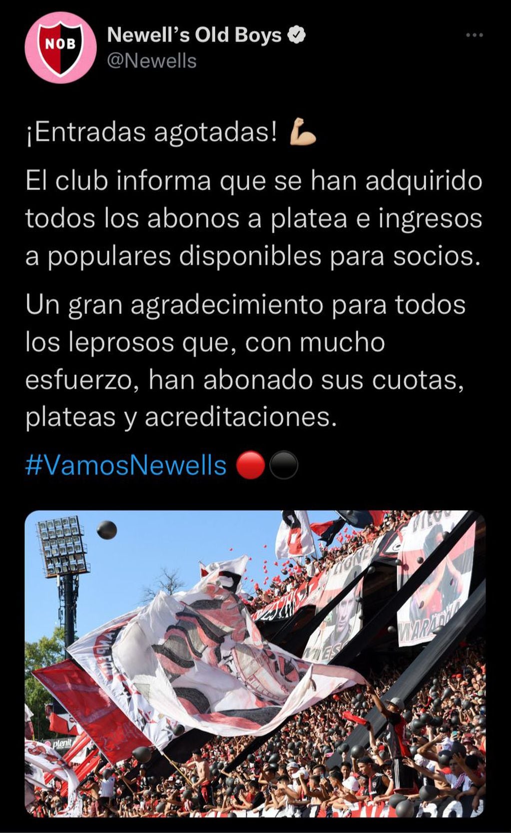 Newell's anunció en sus redes que todas la entradas para el partido con Vélez fueron vendidas. (@Newells)