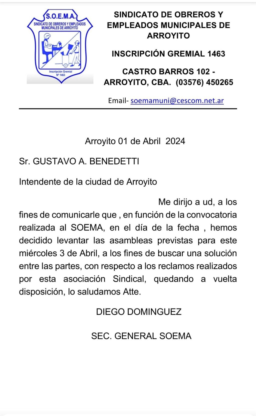 Carta enviada por el SOEMA al Municipio de Arroyito
