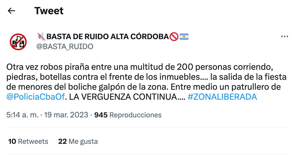 Denuncia de inseguridad en Córdoba.
