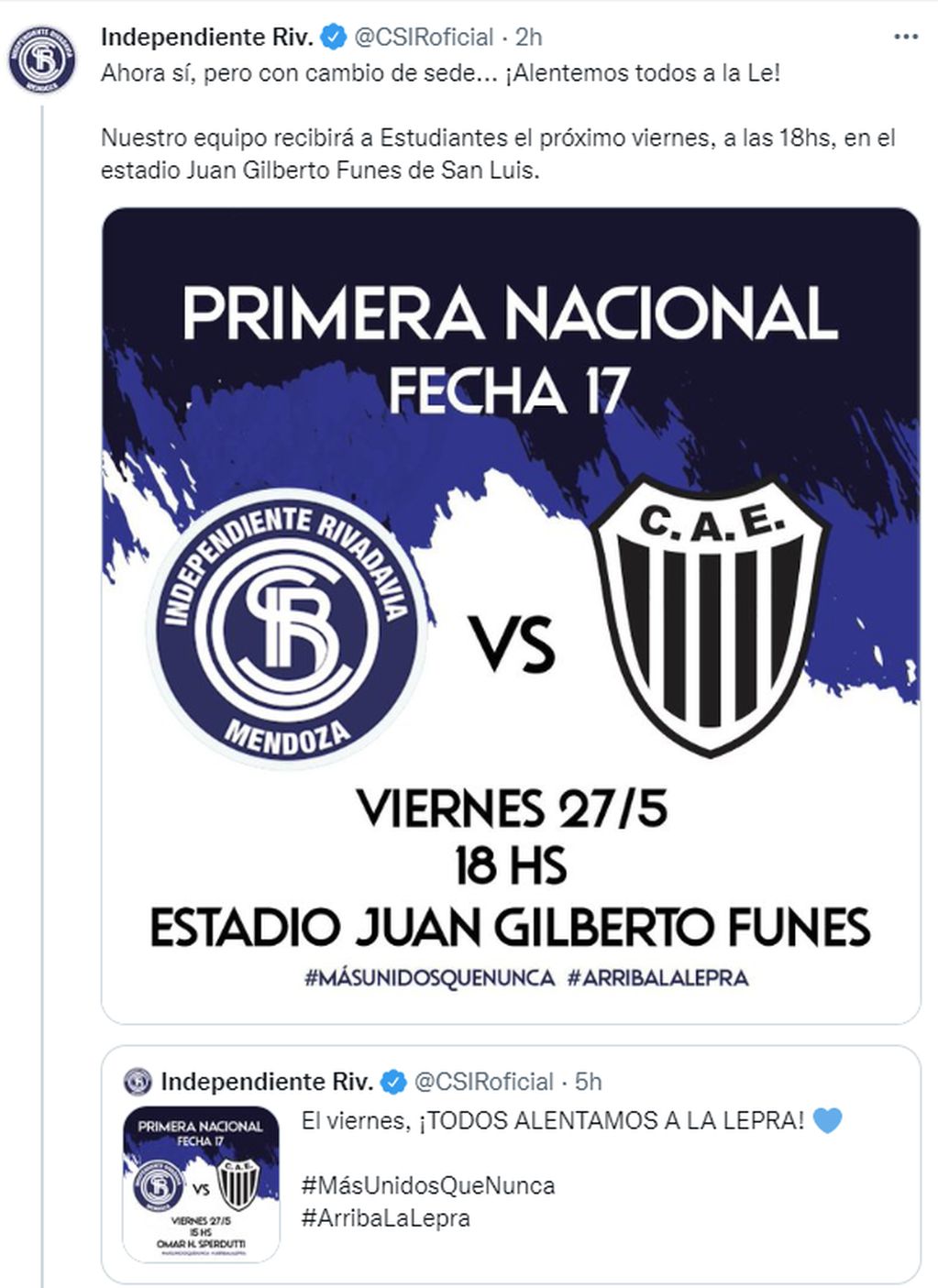 Independiente Rivadavia jugará de local ante Estudiantes de Caseros en San Luis.