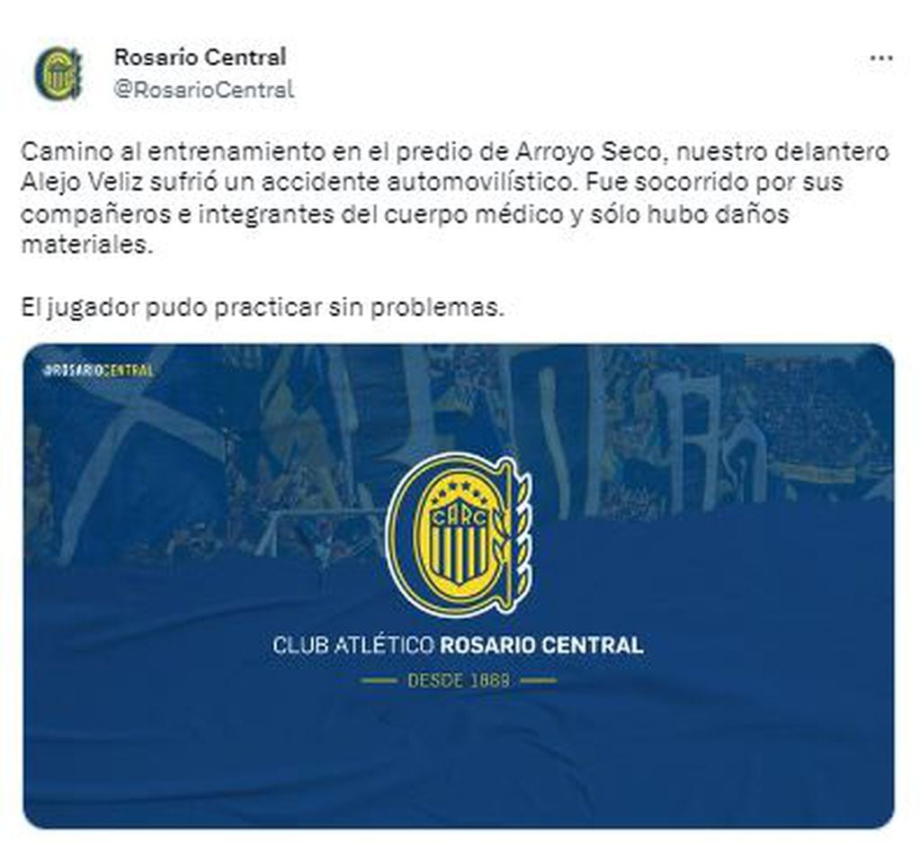 El comunicado de Rosario Central por el accidente de Veliz.