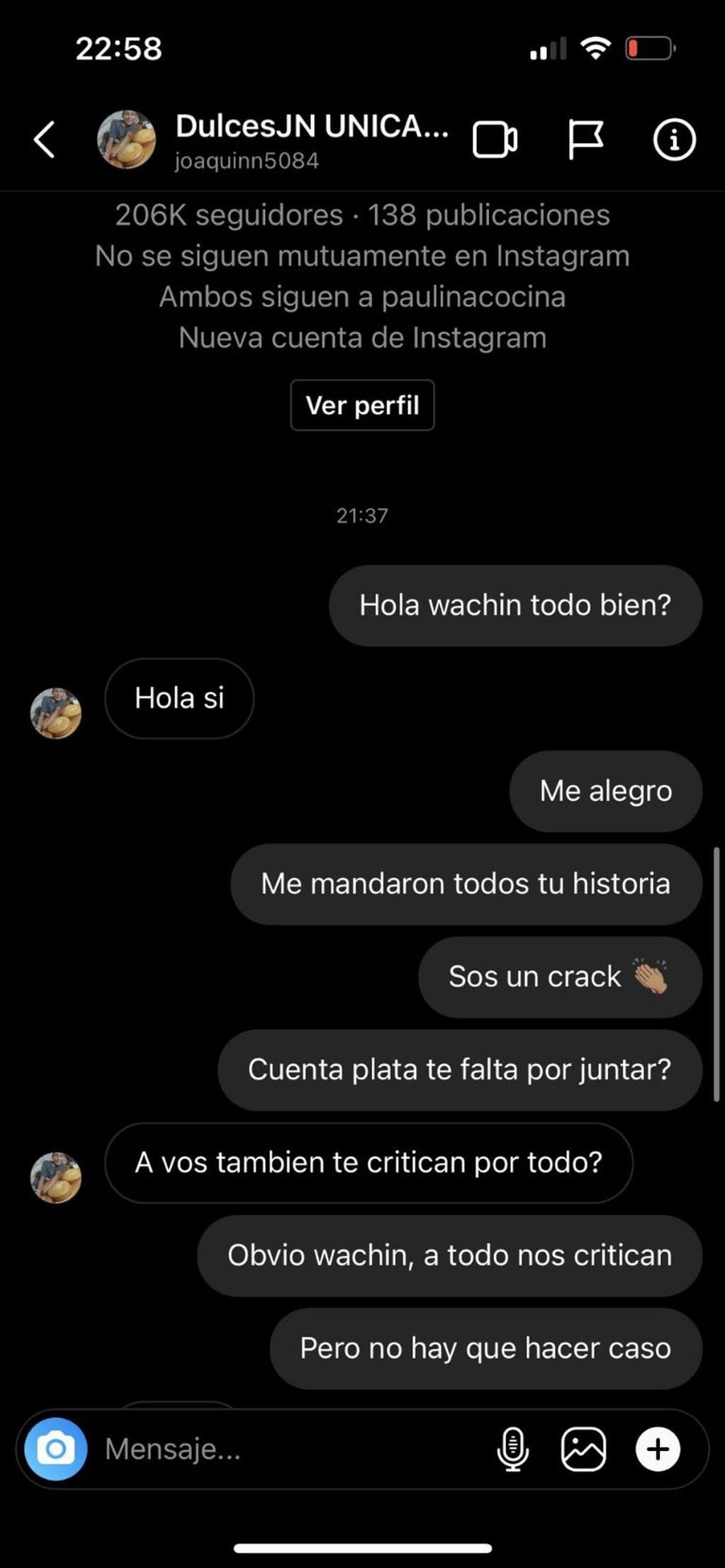 La conversación entre Santi Maratea y Joaquín.  (Foto: Instagram)