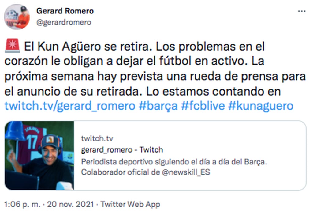 El anuncio de Gerard Romero sobre el posible retiro del Kun Agüero.