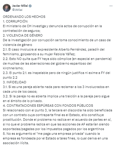 Javier Milei sobre la denuncia de Fabiola Yáñez contra Alberto Fernández