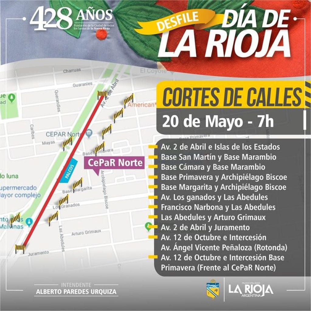 El Municipio informó los cortes de calles programados para el dia de La Rioja