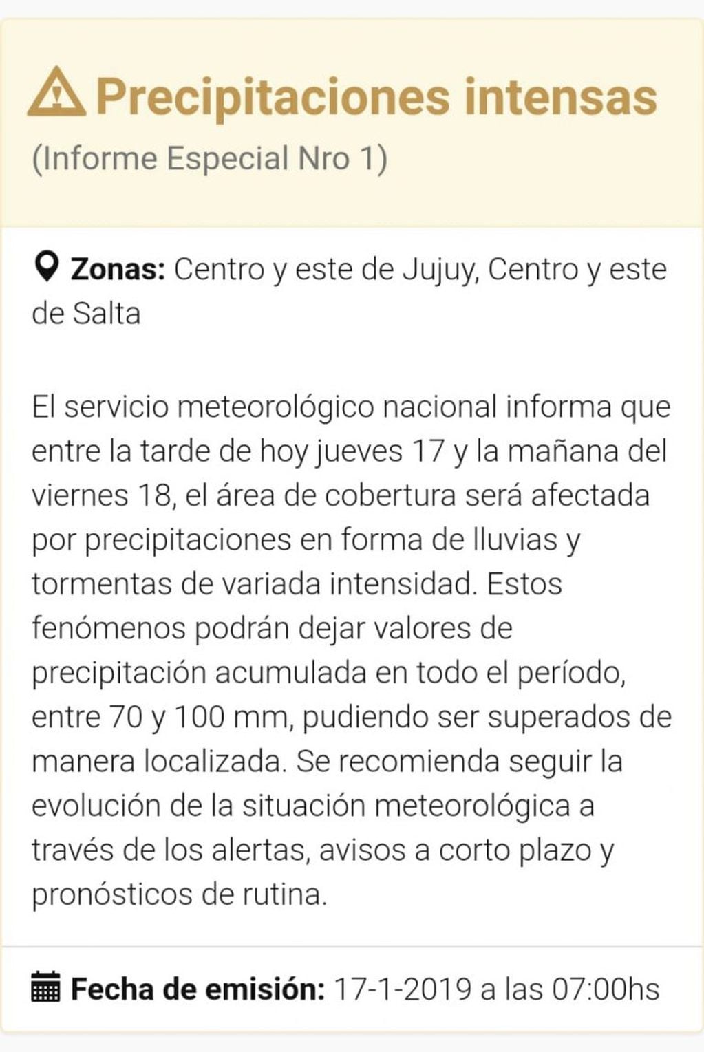 Alerta Meteorológica para Jujuy