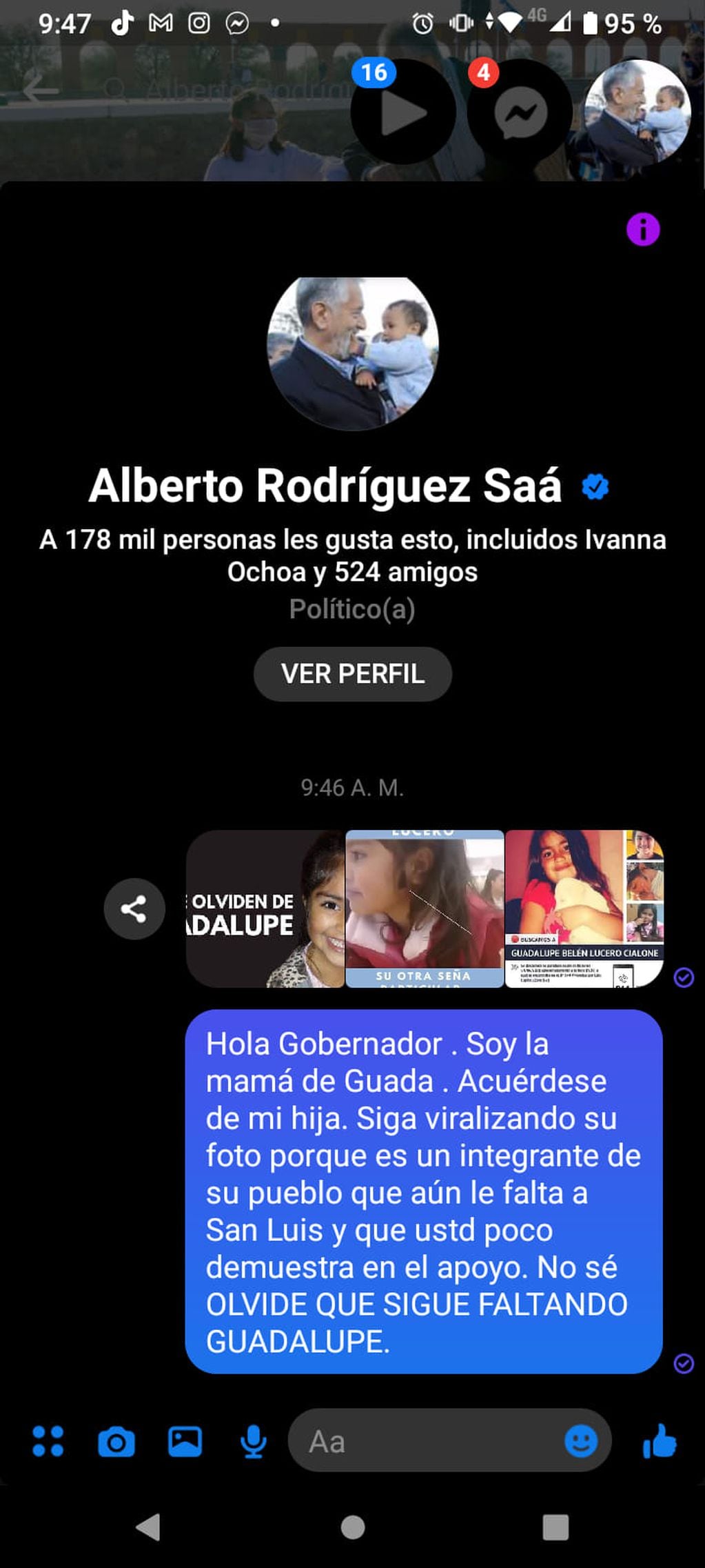 Mensaje de Yamila Cialone, la mamá de Guadalupe Lucero, a Alberto Rodríguez Saá