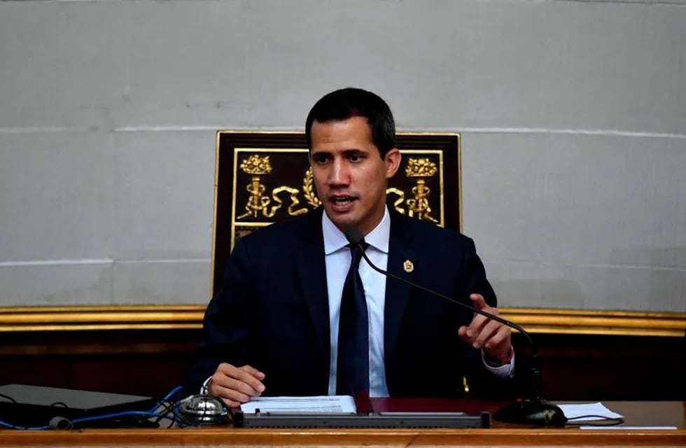 Venezuela's opposition leader and self-proclaimed interim president Juan Guaido speaks during an extraordinary session for the the anniversary of the Venezuelan Independence at the National Assembly in Caracas on July 5, 2019. (Photo by Federico Parra / AFP)