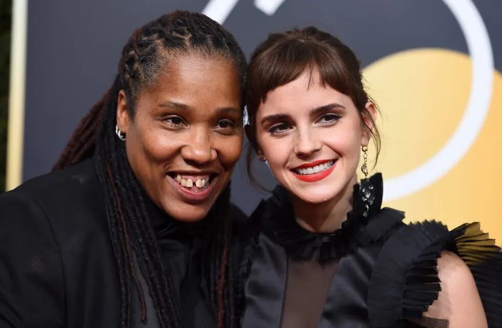 Marai Larasi, left, and Emma Watson arrive at the 75th annual Golden Globe Awards at the Beverly Hilton Hotel on Sunday, Jan. 7, 2018, in Beverly Hills, Calif. (Photo by Jordan Strauss/Invision/AP)
