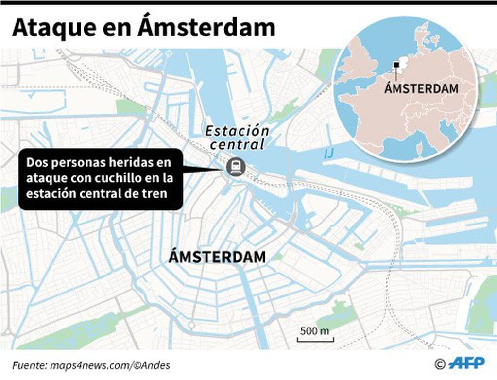 Mapa localizando Ámsterdam (Holanda), donde varias personas resultaron heridas en un ataque con cuchillo - AFP / AFP
