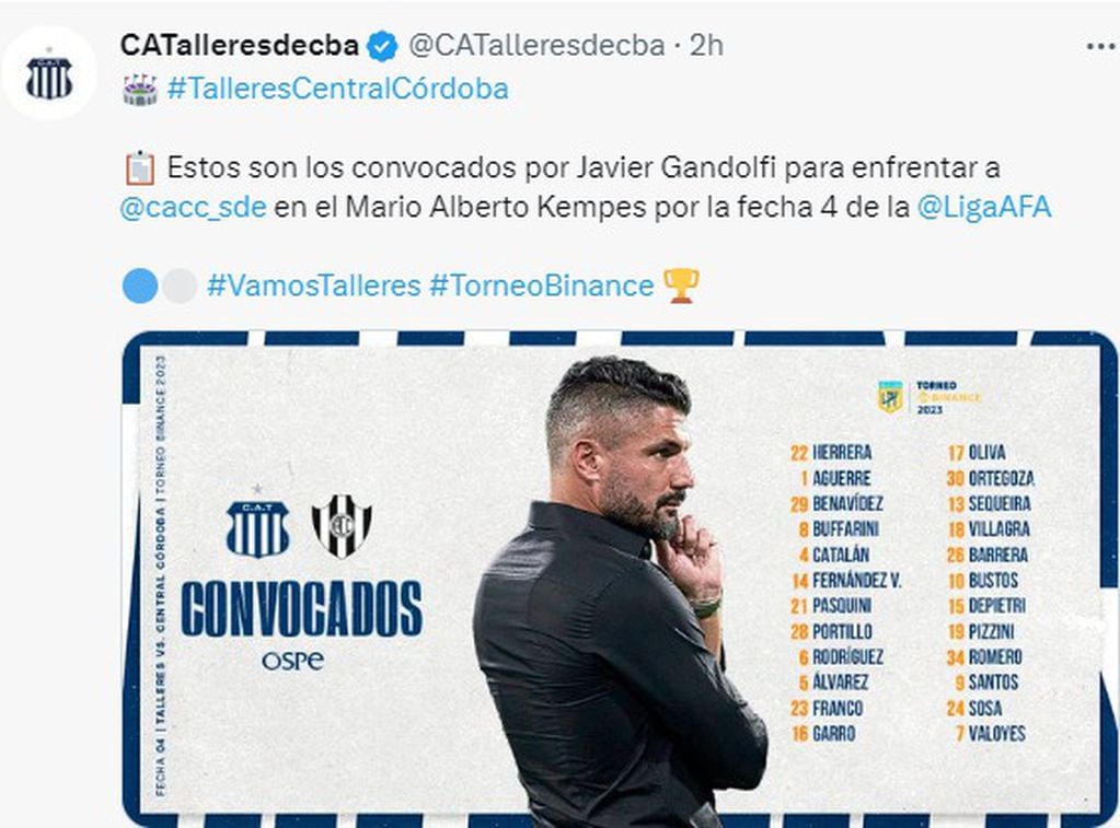 La lista de concentrados de Talleres, para enfrentar este domingo a Central Córdoba.