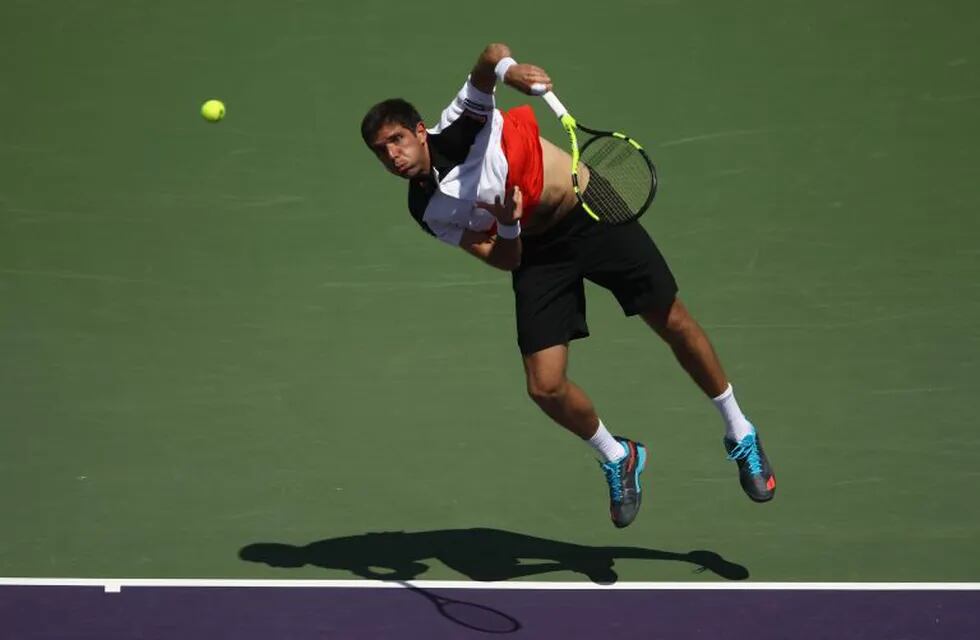 KEY BISCAYNE, FL - MARCH 28: Federico Delbonis of Argentina in action against Kei Nishikori of Japan at Crandon Park Tennis Center on March 28, 2017 in Key Biscayne, Florida.   Julian Finney/Getty Images/AFPn== FOR NEWSPAPERS, INTERNET, TELCOS & TELEVISIO