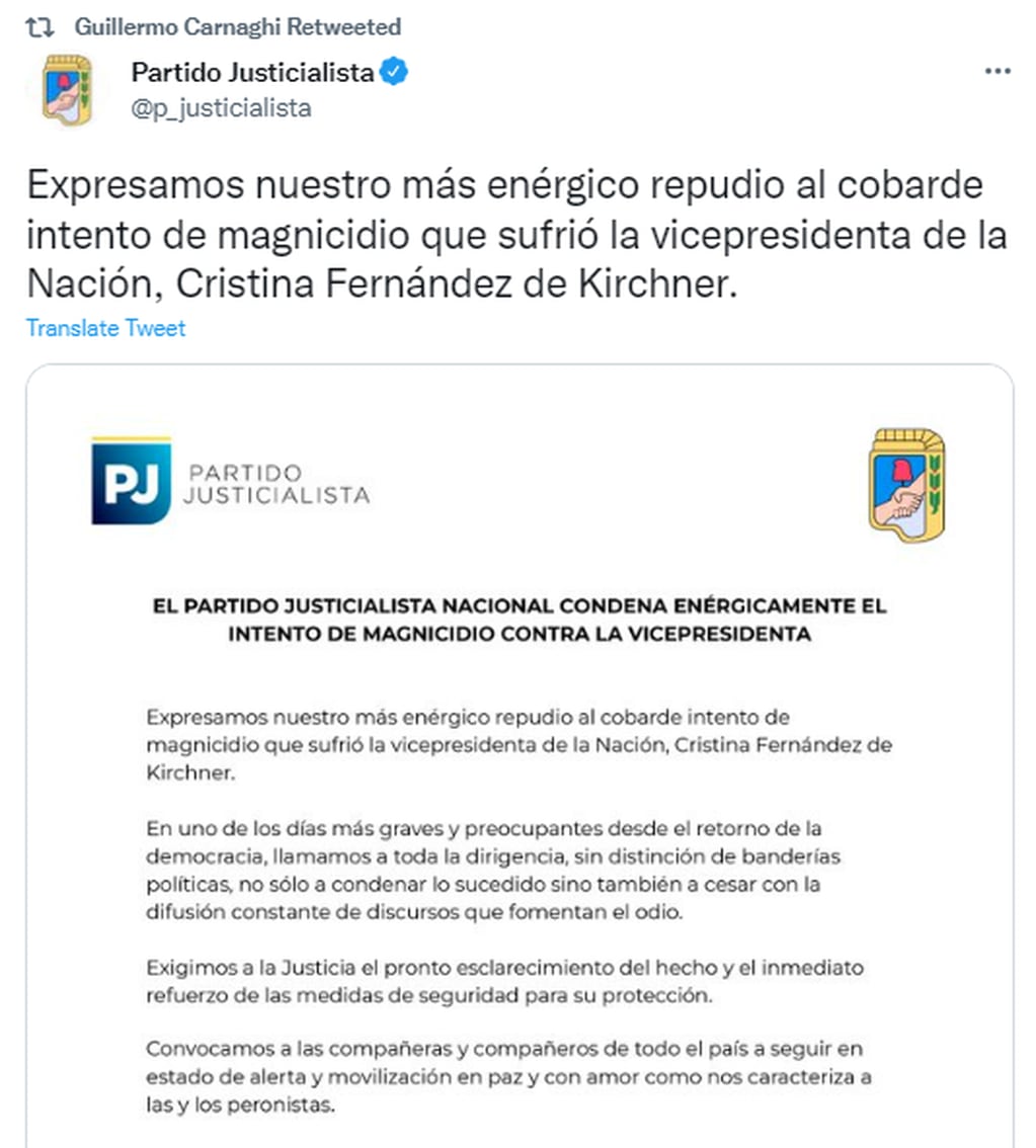 El kirchnerismo de Neuquén repudió el ataque contra Cristina Kirchner.