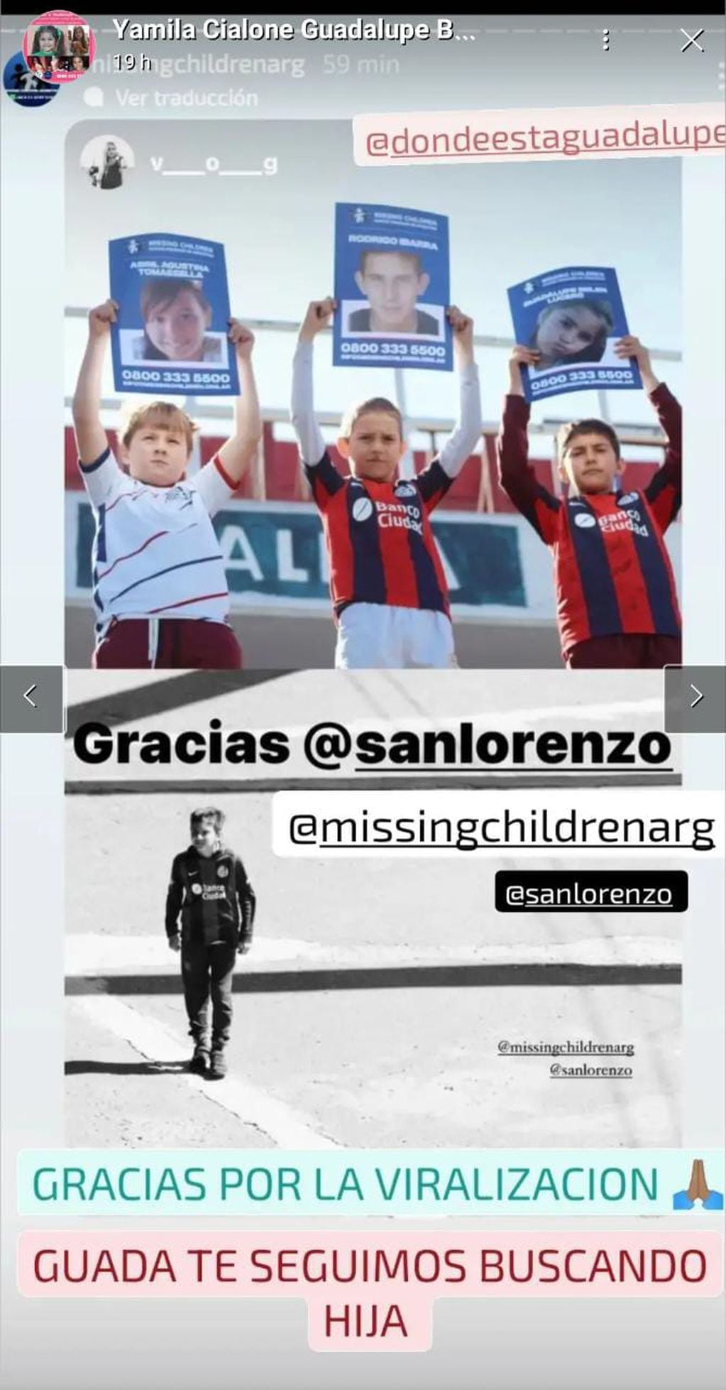 San Lorenzo se sumó a la campaña de Missing Children y compartió la imagen de Guadalupe Lucero.