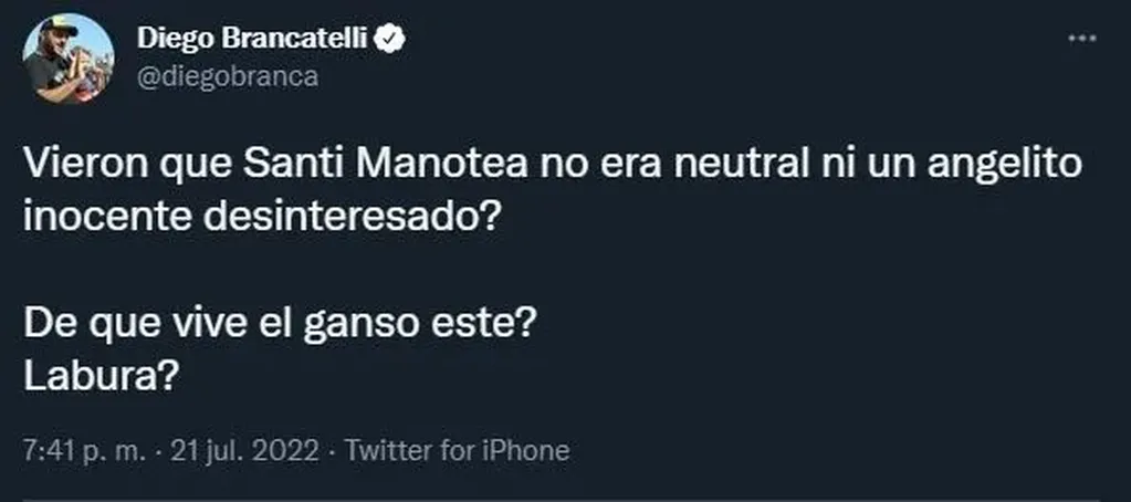 El tuit de Brancatelli contra Santi Maratea.