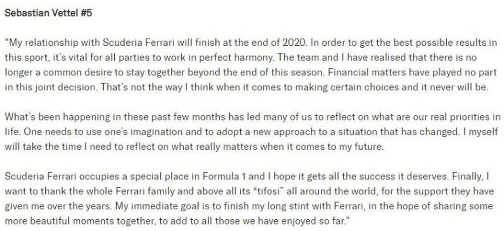 Comunicado de Sebastian Vettel. (Ferrari)