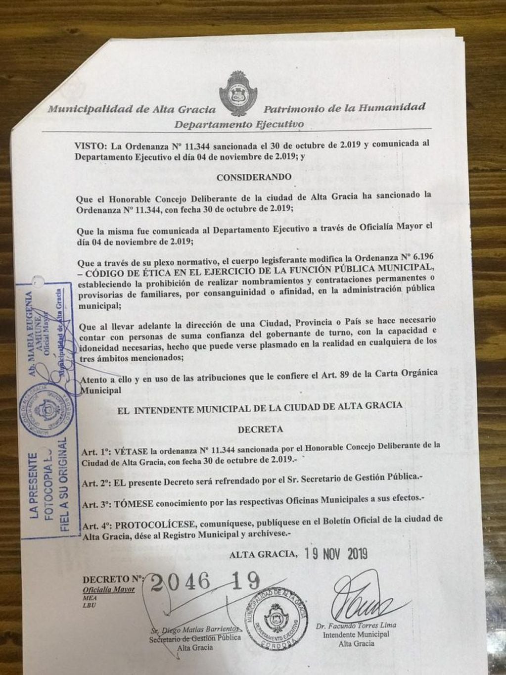 Alta Gracia: decreto del Intendente Facundo Torres.