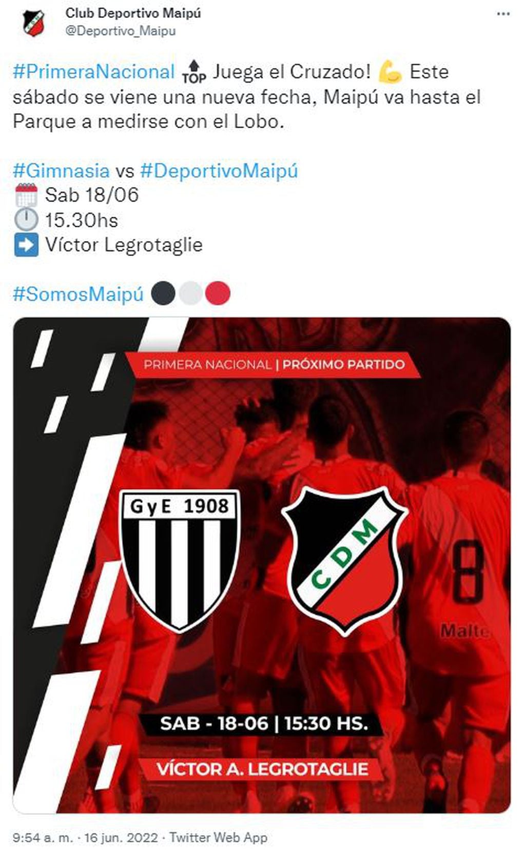 Anuncio de Deportivo Maipú, del partido contra Gimnasia.