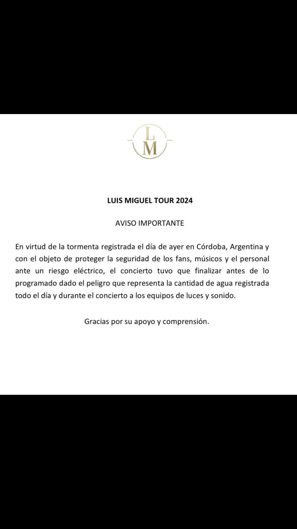 El comunicado de Luis Miguel explicando el fin de su show en Alta Córdoba.
