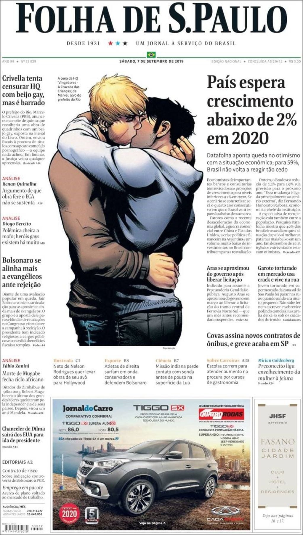 Portada de 'Folha de Sao Paulo' sobre la Bienal del Libro con dos hombres besándose sacada de la portada de un cómic de Marvel.