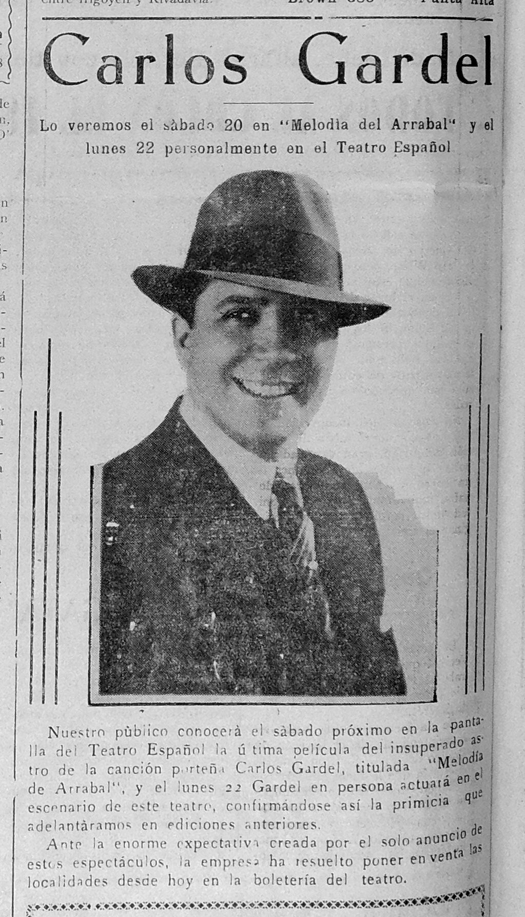 “El Regional” Nº 792, 14 de MAYO 1933, pág. 6 anuncia la presencia de Carlos Gardel en Punta Alta.