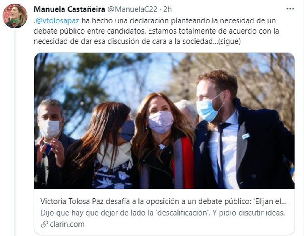 Manuela Castañeira, precandidata a diputada nacional del Nuevo MAS por la provincia de Buenos Aires, acepta el debate público propuesto por Victoria Tolosa Paz, del Frente de Todos.