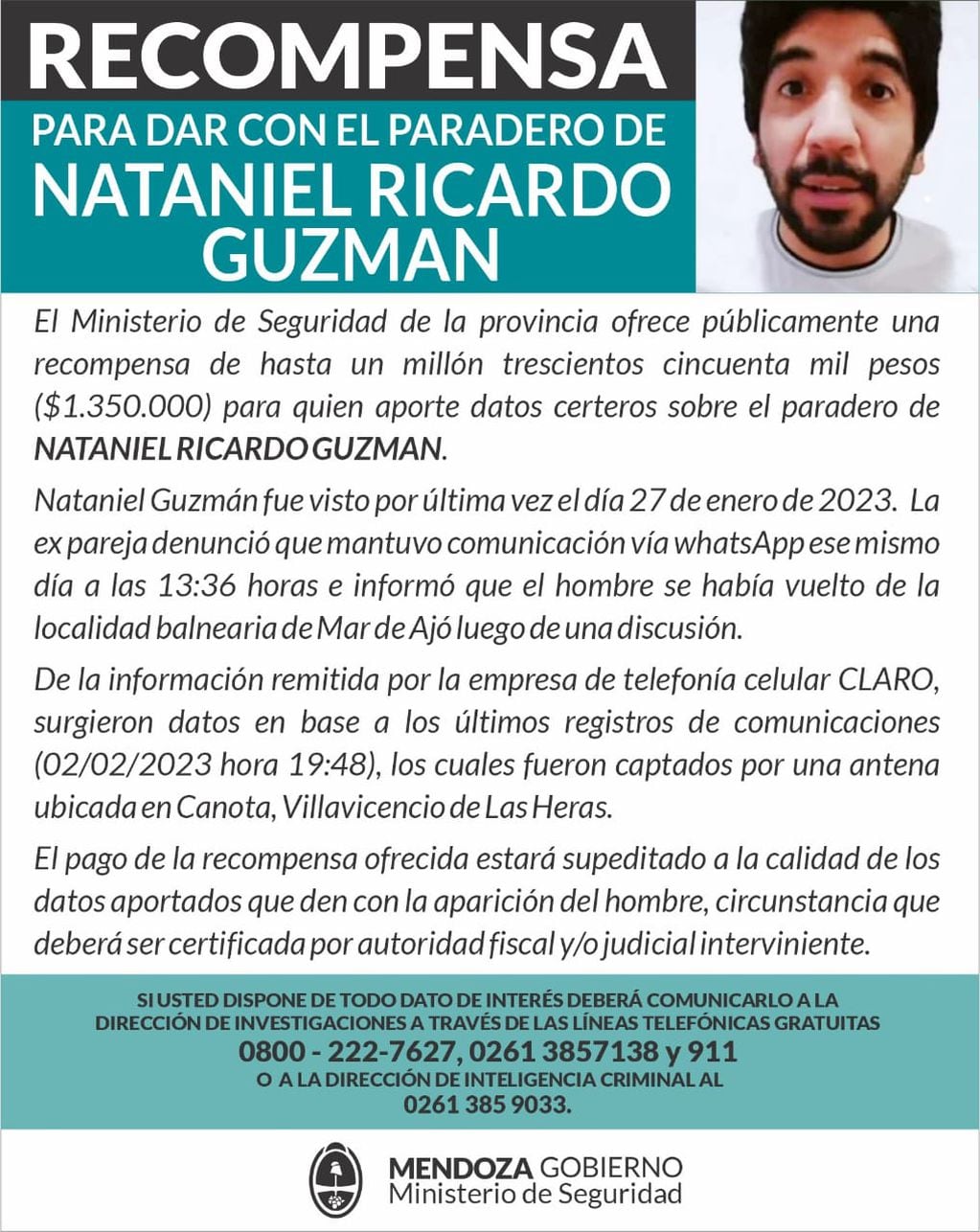 El Ministerio de Seguridad ofrece una gran recompensa por el abogado Nataniel Guzmán.