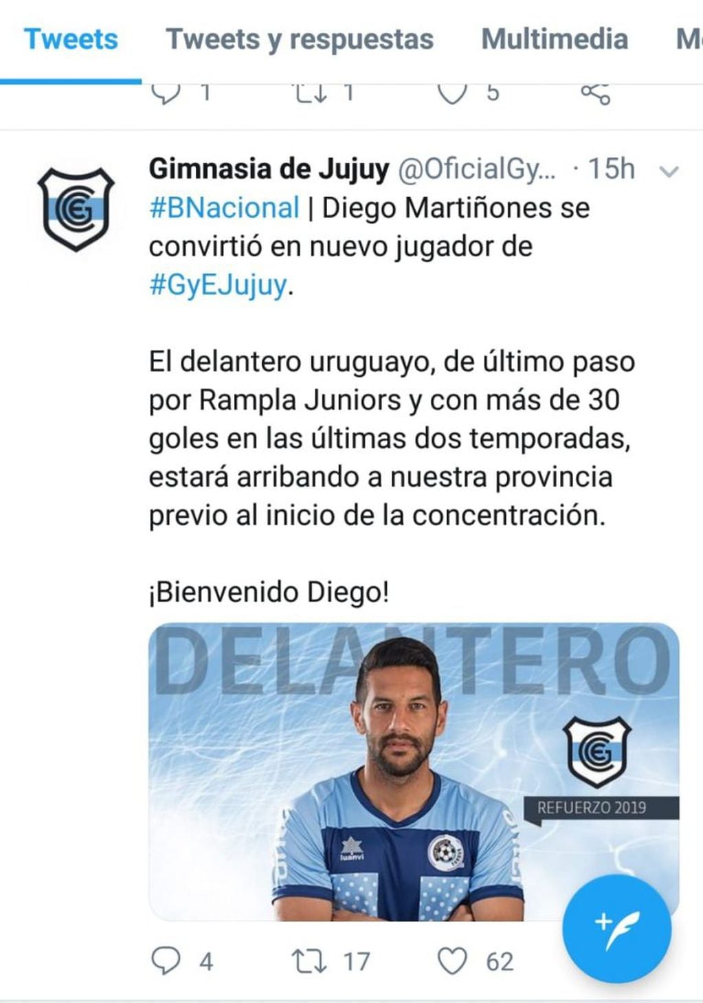 Twitter de la cuenta oficial de Gimnasia de Jujuy