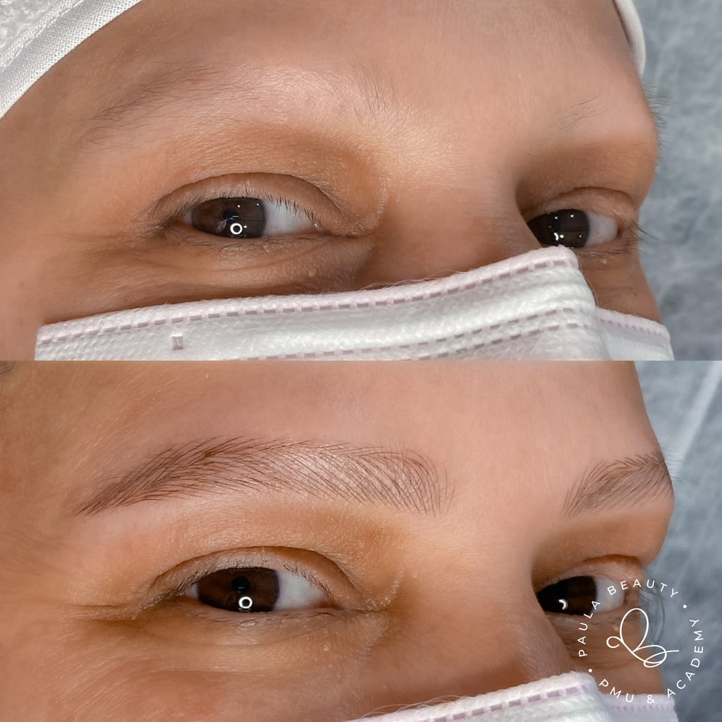 El antes y después de diseño y pigmentación de una paciente con alopecia.