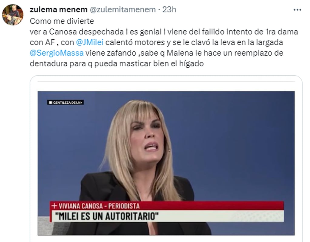 El primer tuit de Zulemita Menem contra Viviana Canosa.