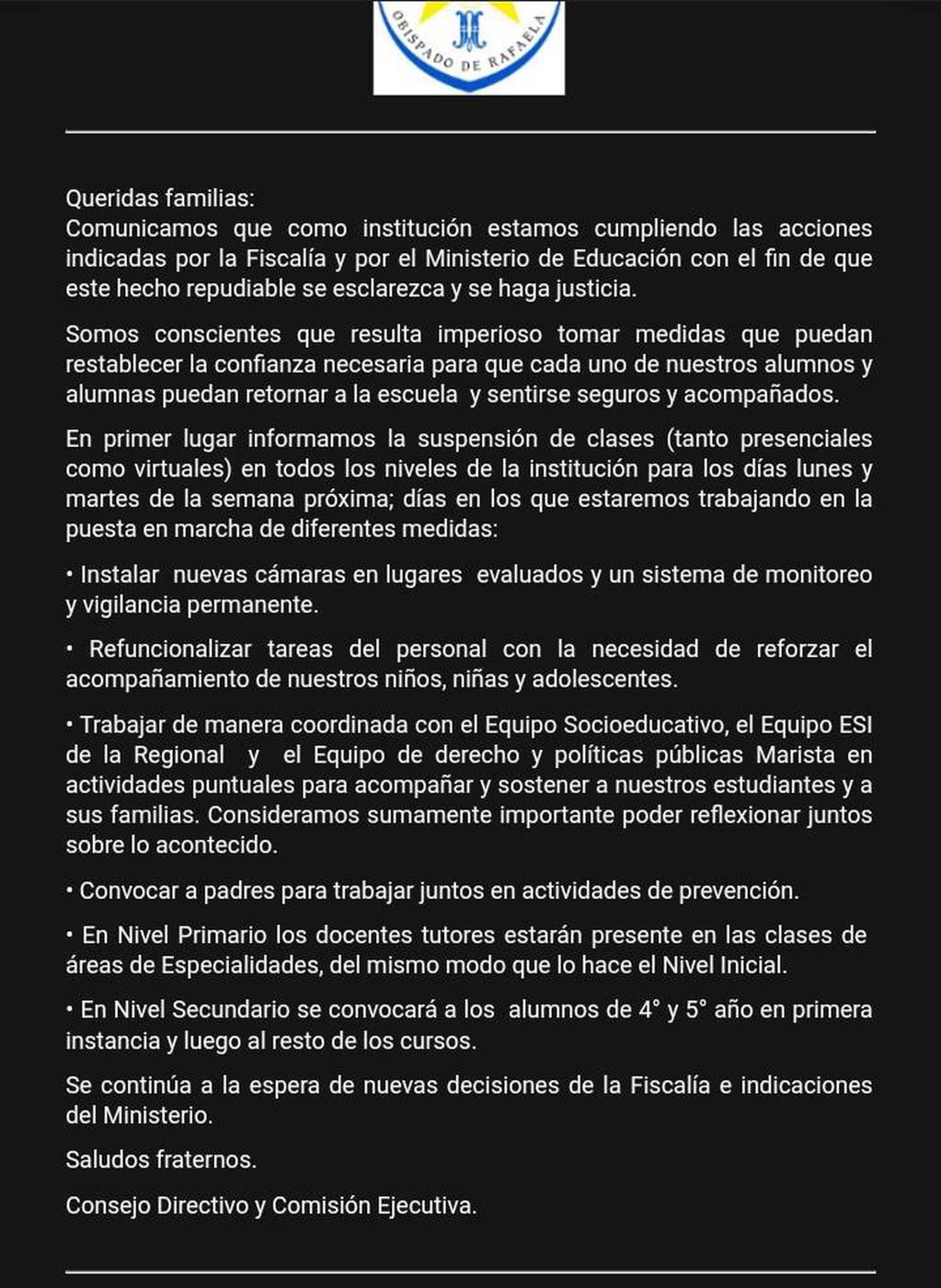 Comunicado del Colegio San José suspendiendo las clases el 2 y 3 de agosto