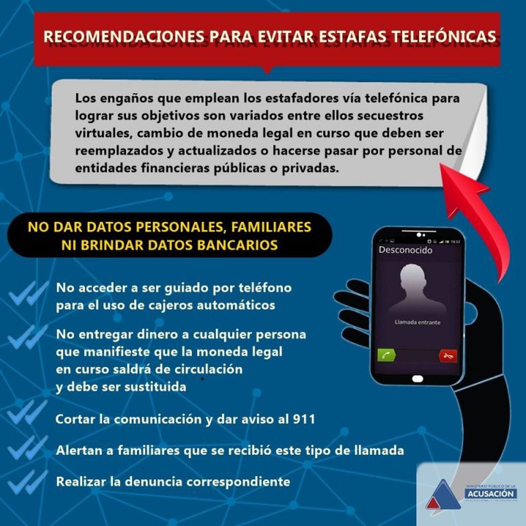 Recomendaciones de Fiscalía para evitar estafas telefónicas. (MPA)