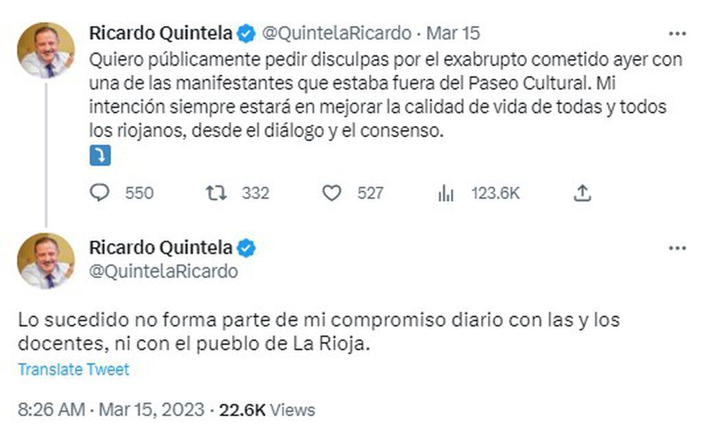 Las disculpas de Ricardo Quintela tras su insulto a una docente riojana.