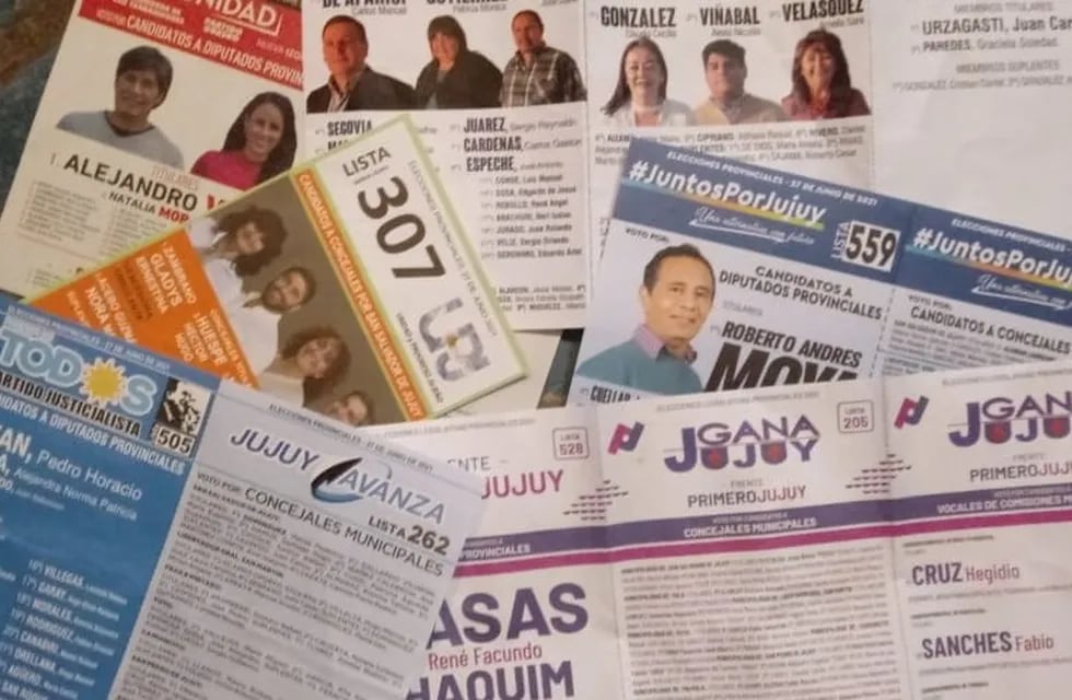 Boletas de los espacios políticos que participan de los comicios provinciales en Jujuy el 27 de junio.