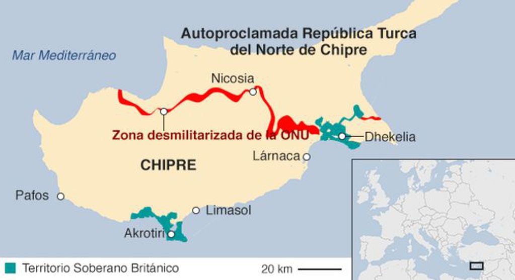 El mapa de Chipre que marca la división que hay en la isla de los territorios griegos y turcos. Foto BBC.