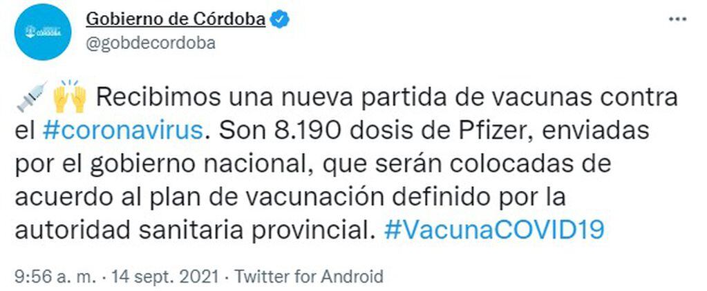 El Gobierno de Córdoba informó la llegada del primer lote de vacunas de Pfizer a Córdoba.