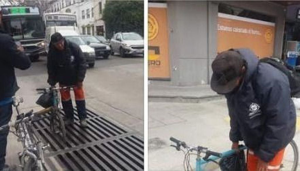 El ciclista cuya bicicleta quedó atrapada en la nueva rejilla. (Web)