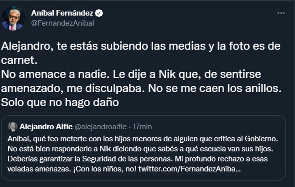 Nik denunció una “amenaza velada” de Aníbal Fernández: “Tengo miedo”